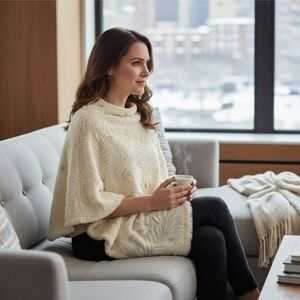 PASSAGE ✦ Ivory Diamond Faux Fur Poncho ✦ Pearl Beads Embossed Leaf Print OS